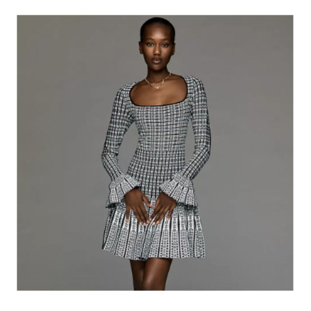 Anthropologie Black White Jacquard Knit Fit Flare Mini Dress S Bell Sleeve NWT